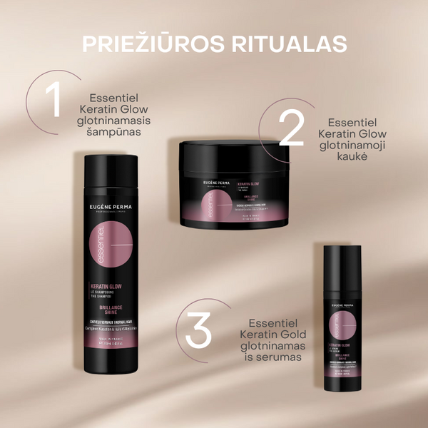 Eugene Perma Essentiel Keratin Glow atkuriamoji kaukė 150ml indelyje, šampūnas 250ml ir keratino glow serumas 50ml indelyje su dozatoriumi.