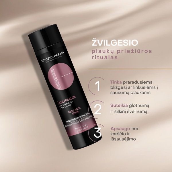 Eugene Perma Essentiel Keratin Glow šampūnas 250ml indelyje.