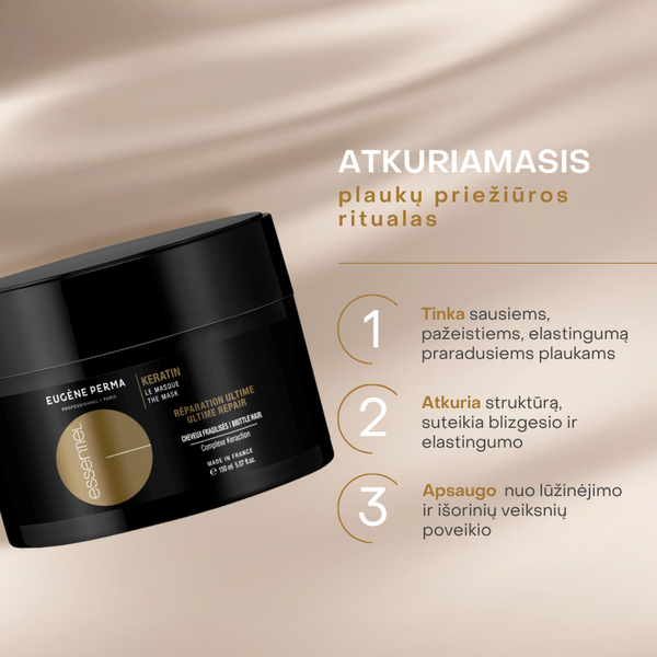 Eugene Perma Essentiel Keratin Gold atkuriamoji kaukė 150ml indelyje.