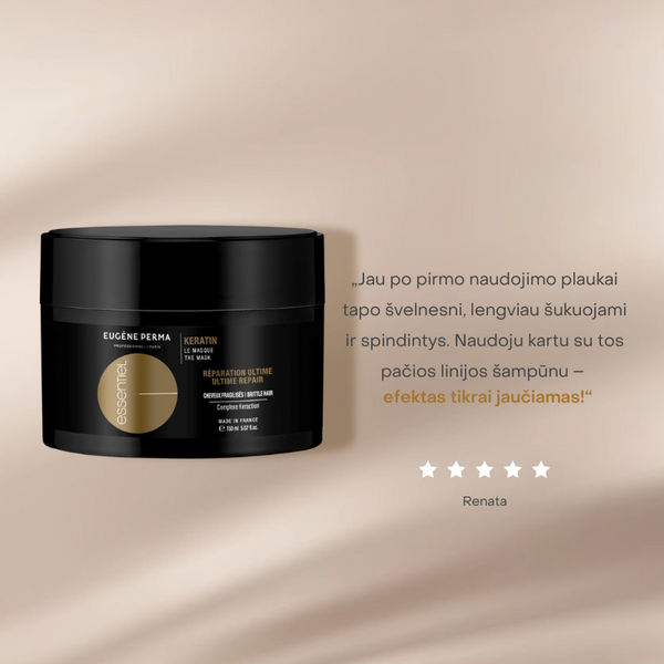 Eugene Perma Essentiel Keratin Gold atkuriamoji kaukė 150ml indelyje.