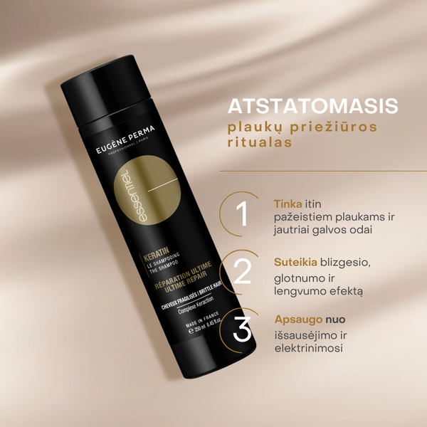 Essentiel Keratin Gold šampūnas su keratinu, 250 ml pakuotė, skirta plaukų atstatymui ir stiprinimui.