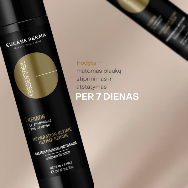 Essentiel Keratin Gold šampūnas su keratinu, 250 ml pakuotė, skirta plaukų atstatymui ir stiprinimui.