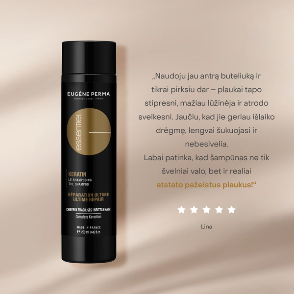 Essentiel Keratin Gold šampūnas su keratinu, 250 ml pakuotė, skirta plaukų atstatymui ir stiprinimui.