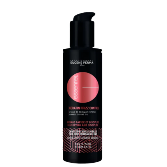 Essentiel Keratin Nutrition maitinamasis plaukų serumas – 200 ml juodas buteliukas su raudonais akcentais, skirtas sausiems ir pažeistiems plaukams maitinti bei atkurti jų struktūrą, suteikiant švelnumo ir žvilgesio.