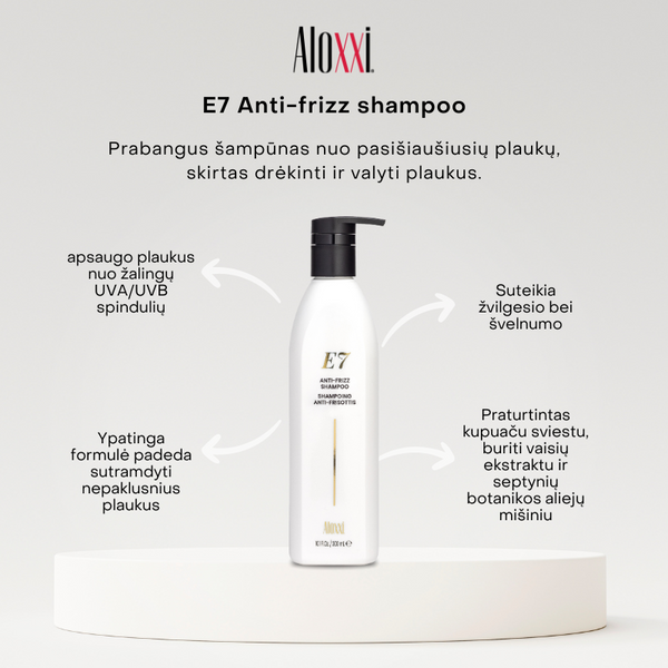 E7 Anti-Frizz prabangus šampūnas nuo pasišiaušiusių plaukų
