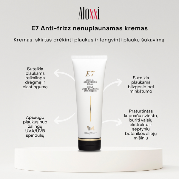 E7 Anti-Frizz nenuplaunamas kremas nuo pasišiaušiusių plaukų