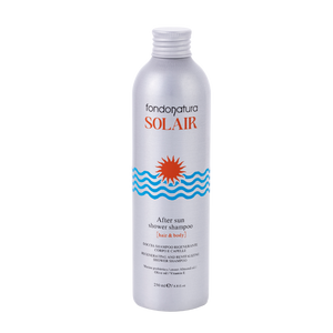 Fondonatura SOLAIR After Sun veganiškas dušo šampūnas plaukams ir kūnui su jūriniu prebiotiku, migdolų bei alyvuogių aliejais, 250 ml aliuminio buteliuke, skirtas švelniam valymui ir drėkinimui po saulės, jūros ar baseino.