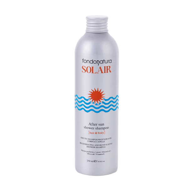 Fondonatura SOLAIR After Sun veganiškas dušo šampūnas plaukams ir kūnui su jūriniu prebiotiku, migdolų bei alyvuogių aliejais, 250 ml aliuminio buteliuke, skirtas švelniam valymui ir drėkinimui po saulės, jūros ar baseino.