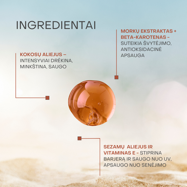 Įdegio aliejus su kokosų, sezamų, morkų ir riešutų aliejais