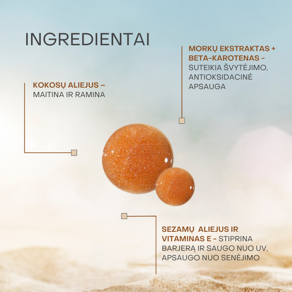 Žėrintis įdegio aliejus su kokosų, sezamų, morkų, riešutų aliejais