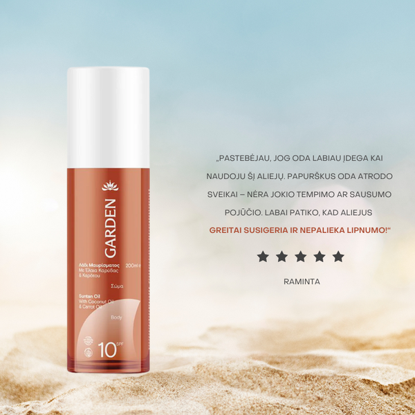 Įdegio aliejus su kokosų, sezamų, morkų ir riešutų aliejais