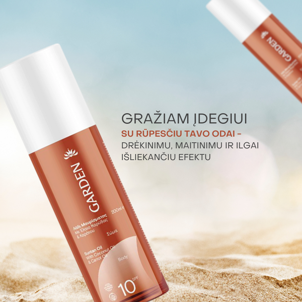 Įdegio aliejus su kokosų, sezamų, morkų ir riešutų aliejais