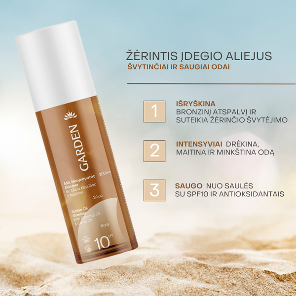 Žėrintis įdegio aliejus su kokosų, sezamų, morkų, riešutų aliejais