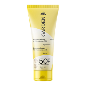 „Garden SPF50+ veido kremas nuo saulės su hialurono rūgštimi ir niacinamidu – aukšta UVA/UVB apsauga jautriai odai, 50 ml geltoname tūbelės dizaino pakuotėje“