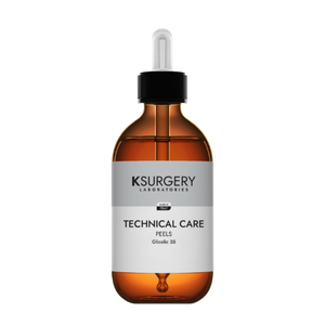 Ksurgery Technical Care Glycolic 35 pilingas – gintaro spalvos buteliukas su pipete, skirtas sausai ir brandžiai odai, pigmentacijos mažinimui ir odos atnaujinimui.