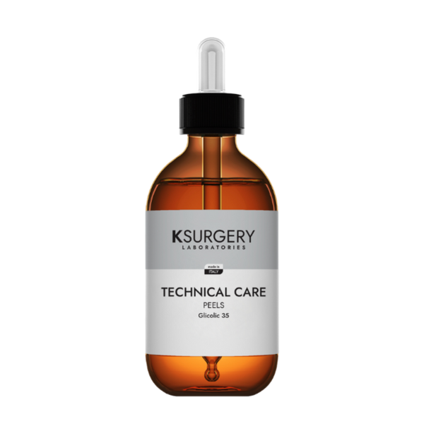 Ksurgery Technical Care Glycolic 35 pilingas – gintaro spalvos buteliukas su pipete, skirtas sausai ir brandžiai odai, pigmentacijos mažinimui ir odos atnaujinimui.