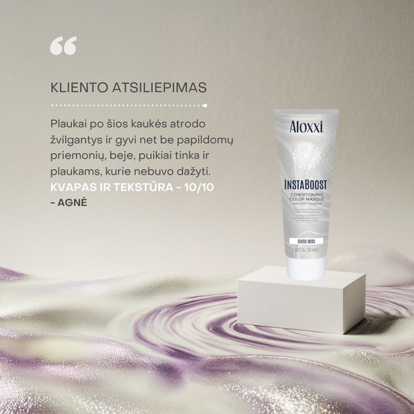 Klientės atsiliepimas apie Aloxxi InstaBoost Gloss Boss kaukę – gyvybingi, švytintys plaukai ir puiki tekstūra.