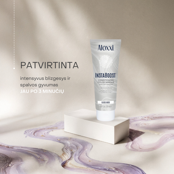 Aloxxi InstaBoost Gloss Boss kaukė – intensyvus plaukų blizgesys ir spalvos gyvumas jau po 3 minučių.