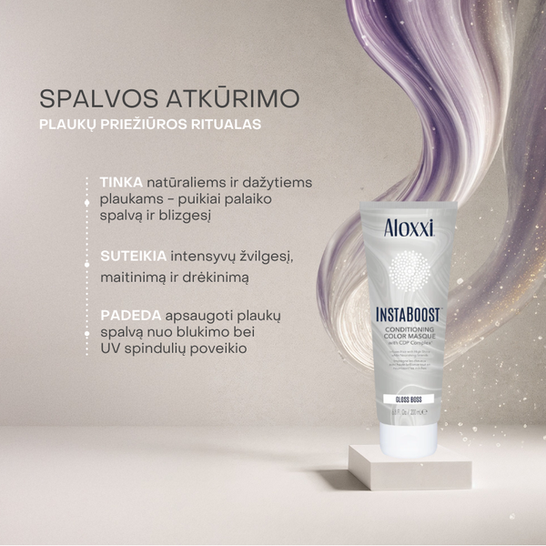 Aloxxi InstaBoost Gloss Boss kaukė – suteikia intensyvų žvilgesį ir drėkinimą visų tipų plaukams.