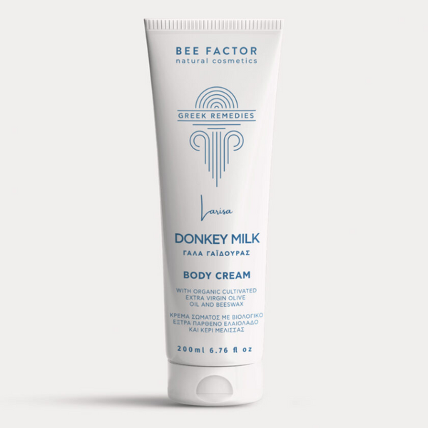Bee Factor Greek Remedies Donkey Milk kūno kremas su aliejais 200ml pakuotėje.