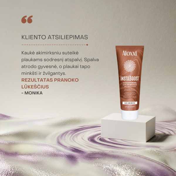 Klientės atsiliepimas apie Aloxxi InstaBoost Hazel Nuts kaukę – sodresnis rudas tonas ir minkšti, žvilgantys plaukai.