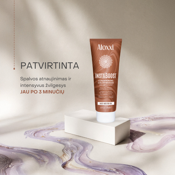 Aloxxi InstaBoost Hazel Nuts spalvos kaukė – rudo atspalvio paryškinimas ir intensyvus žvilgesys po 3 minučių.