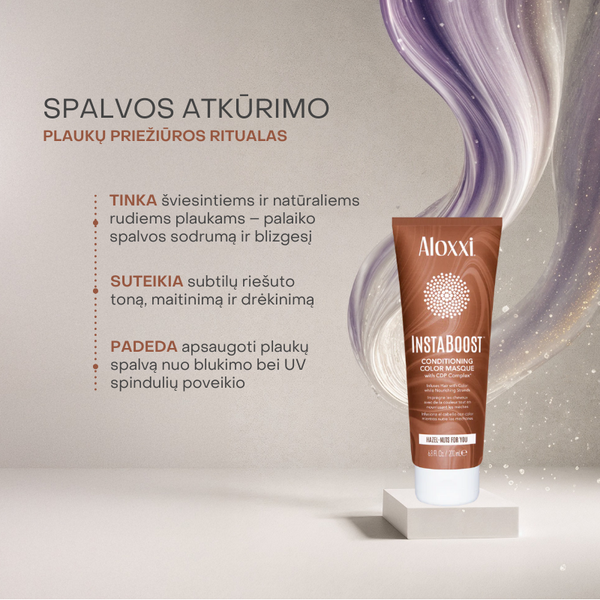Aloxxi InstaBoost Hazel Nuts kaukė – subtilus riešuto atspalvis, maitina ir apsaugo nuo spalvos blukimo.