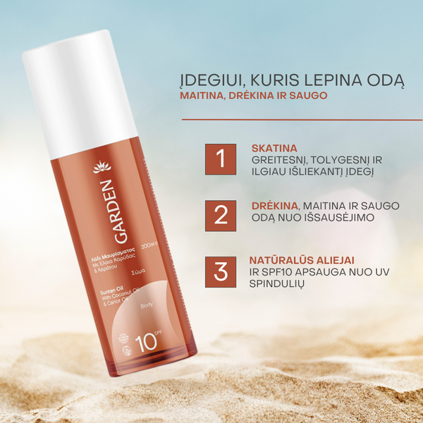 Įdegio aliejus su kokosų, sezamų, morkų ir riešutų aliejais