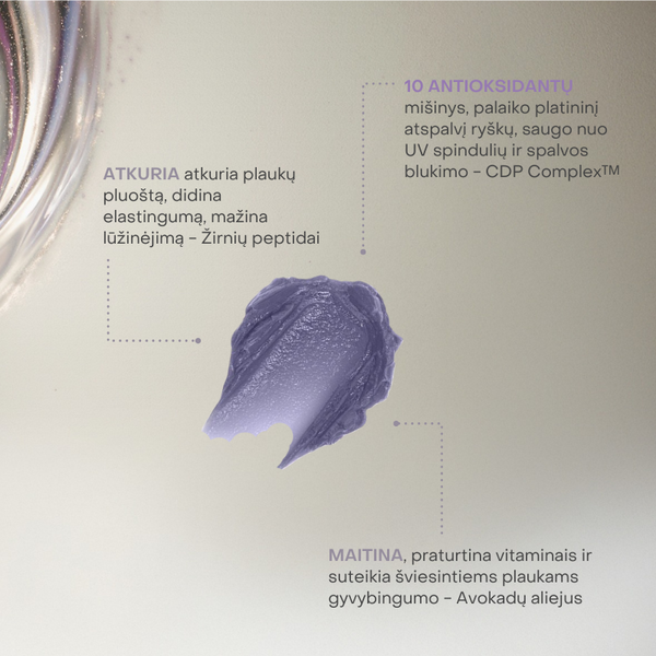 Aloxxi InstaBoost Ultimate Platinum kaukė – žirnių peptidai, avokadų aliejus ir CDP Complex spalvos išsaugojimui.