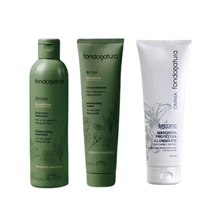 Rinkinys jautriai galvos odai: BYOM Sensitive šampūnas, kremas ir OMNIA švytėjimo kaukė