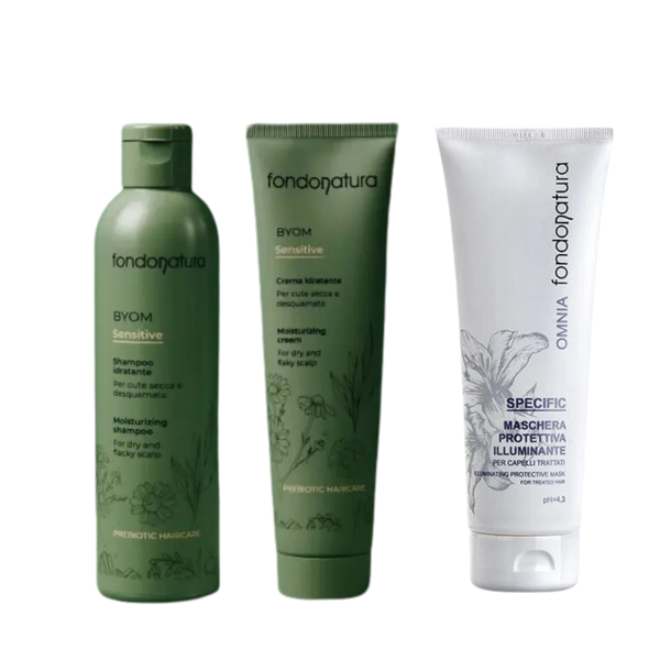 Rinkinys jautriai galvos odai: BYOM Sensitive šampūnas, kremas ir OMNIA švytėjimo kaukė