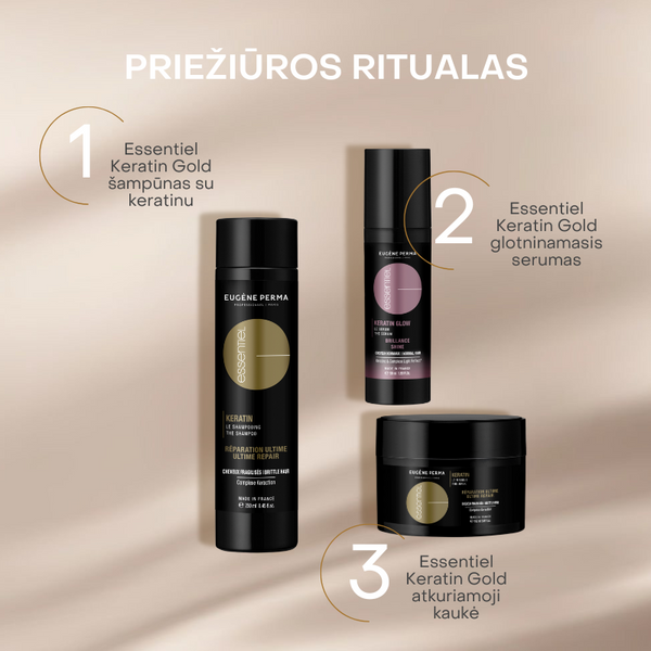 Eugene Perma Essentiel Keratin Gold atkuriamoji kaukė 150ml indelyje, šampūnas 250ml ir keratin glow serumas 50ml indelyje su dozatoriumi.