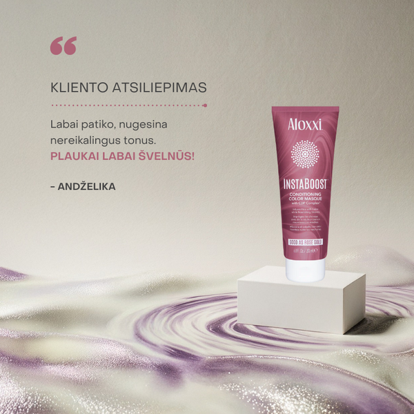 Klientės atsiliepimas apie Aloxxi InstaBoost Good as Rose Gold kaukę – neutralizuoja tonus, suteikia švelnumo.