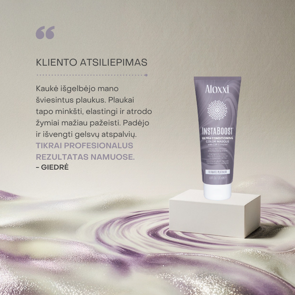 Klientės atsiliepimas apie Aloxxi InstaBoost Ultimate Platinum kaukę – mažiau pažeisti plaukai, švaresnis tonas.