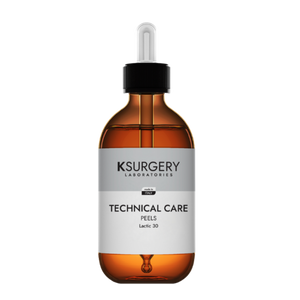 Ksurgery Technical Care Lactic 30 pilingas – gintaro spalvos buteliukas su pipete, skirtas sausos, papilkėjusios odos šveitimui, drėkinimui ir spindesio atkūrimui.