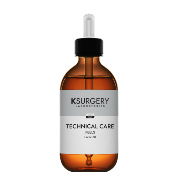 Ksurgery Technical Care Lactic 30 pilingas – gintaro spalvos buteliukas su pipete, skirtas sausos, papilkėjusios odos šveitimui, drėkinimui ir spindesio atkūrimui.