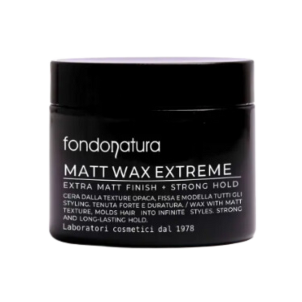Fondonatura Matt Wax Extreme – itin matinės apdailos ir stiprios fiksacijos plaukų vaškas juodoje pakuotėje su baltais užrašais. Skirtas ilgalaikiam šukuosenų formavimui.