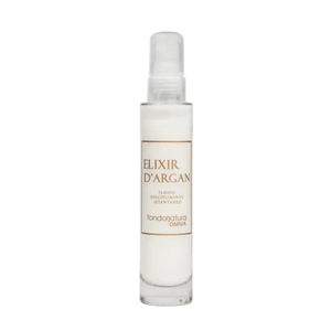 Fondonatura Elixir d’Argan – glotninantis, šilko efektą suteikiantis serumas su argano aliejumi, sericinu ir pantenoliu, skirtas elektrinimosi mažinimui ir šilumos apsaugai.