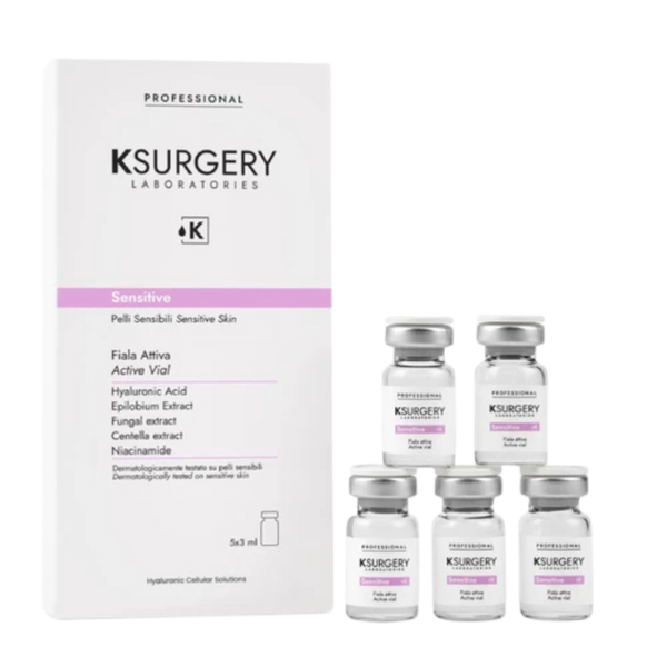 Ksurgery Sensitive Active Vial – sterilus jautrios odos kokteilių rinkinys, sudarytas iš penkių buteliukų su sidabriniais dangteliais ir balta dėžute, skirtas odos raminimui, drėkinimui ir regeneracijai po procedūrų.