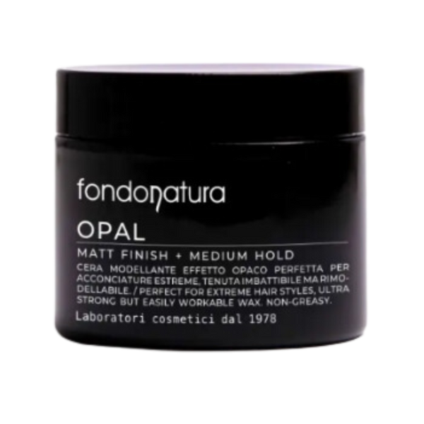 Fondonatura „Mineral Wax“ – ekstra matinį efektą suteikiantis plaukų vaškas su vidutiniu fiksavimu. Juodas minimalistinis indelis su baltu užrašu, perteikiantis profesionalų įvaizdį 125ml.