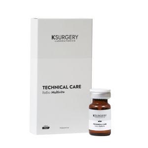Ksurgery Technical Care ReBio Multivit+ – baltos spalvos dėžutė ir gintaro spalvos buteliukas su sidabriniu dangteliu, skirtas odos apsaugai, atgaivinimui ir vitaminų kompleksu praturtintai mezoterapijai.