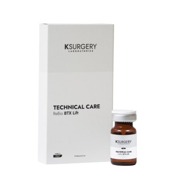 Ksurgery Technical Care ReBio BTX Lift – baltos spalvos dėžutė ir gintaro spalvos buteliukas su sidabriniu dangteliu, skirti brandžios odos stangrinimui, raukšlių mažinimui ir liftingo efektui be injekcijų.