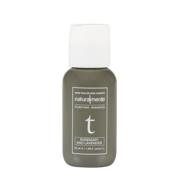 Naturalmente Rosemary and Levander valomasis šampūnas su levanda 50ml buteliuke.