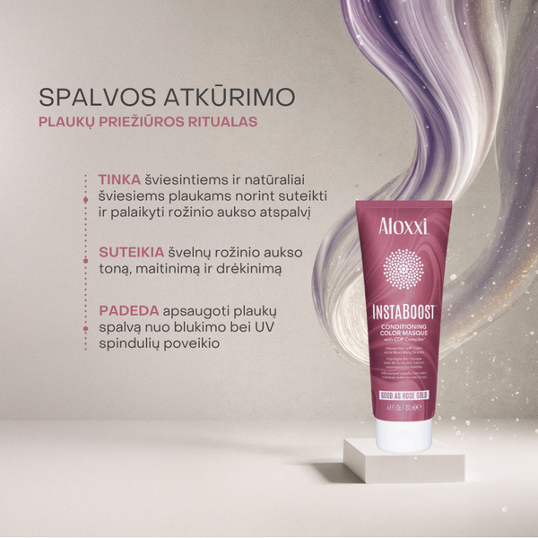 Aloxxi InstaBoost Good as Rose Gold kaukė – švelnus rožinio aukso tonas šviesiems plaukams, maitina ir saugo nuo blukimo.