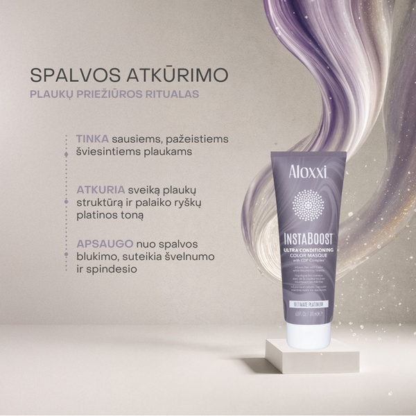 Aloxxi InstaBoost Ultimate Platinum kaukė – sausiems šviesintiems plaukams, atkuria struktūrą ir palaiko ryškų platinos toną.
