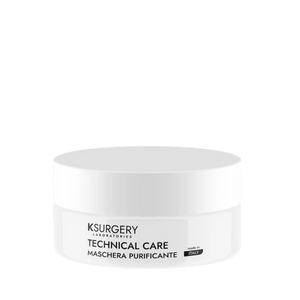 Ksurgery Technical Care valomoji molio kaukė – baltas apvalus indelis su užsukamu dangteliu, skirtas riebiai ir mišriai odai giliai valyti, detoksikuoti ir subalansuoti riebalų gamybą.