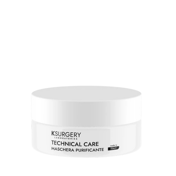 Ksurgery Technical Care valomoji molio kaukė – baltas apvalus indelis su užsukamu dangteliu, skirtas riebiai ir mišriai odai giliai valyti, detoksikuoti ir subalansuoti riebalų gamybą.