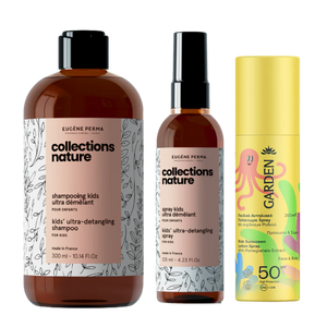 Vaikiškų Collections Nature produktų rinkinys su braškių kvapo šampūnu, purškikliu lengvam iššukavimui ir SPF50 apsaugos losjonu