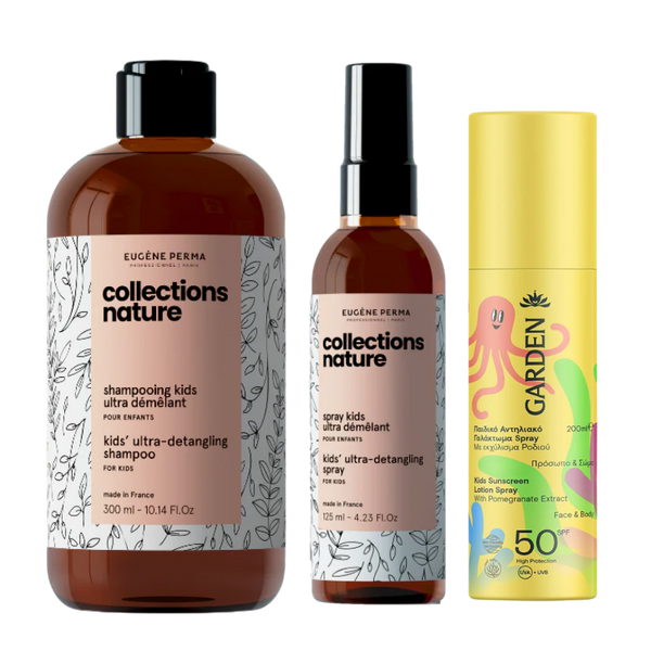 Vaikiškų Collections Nature produktų rinkinys su braškių kvapo šampūnu, purškikliu lengvam iššukavimui ir SPF50 apsaugos losjonu