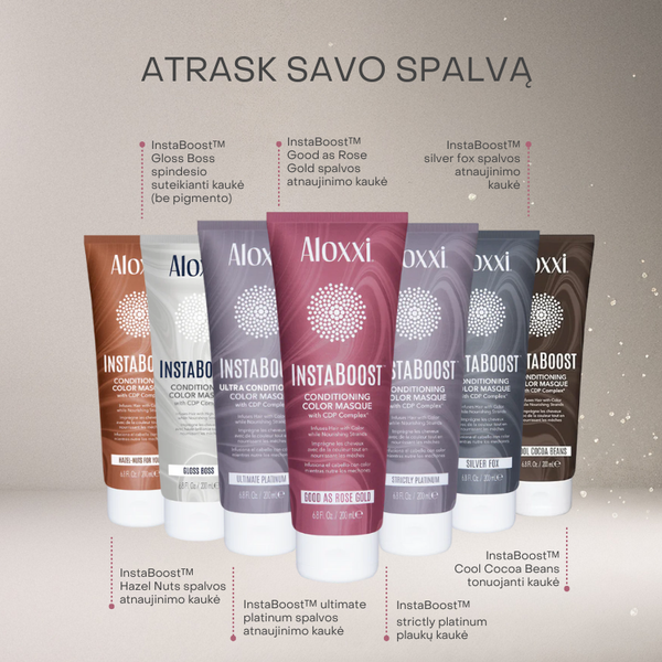 Aloxxi InstaBoost spalvos kaukių kolekcija – Rose Gold, Hazel Nuts, Gloss Boss, Platinum, Silver Fox ir kiti atspalviai.